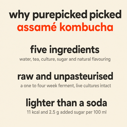 Why Purepicked chose Assamé Kombucha: the ingredient list stops at five items, it is raw and unpasteurised with the live cultures intact, and it is 11 kcal with 2.5 g of added sugar per 100 ml