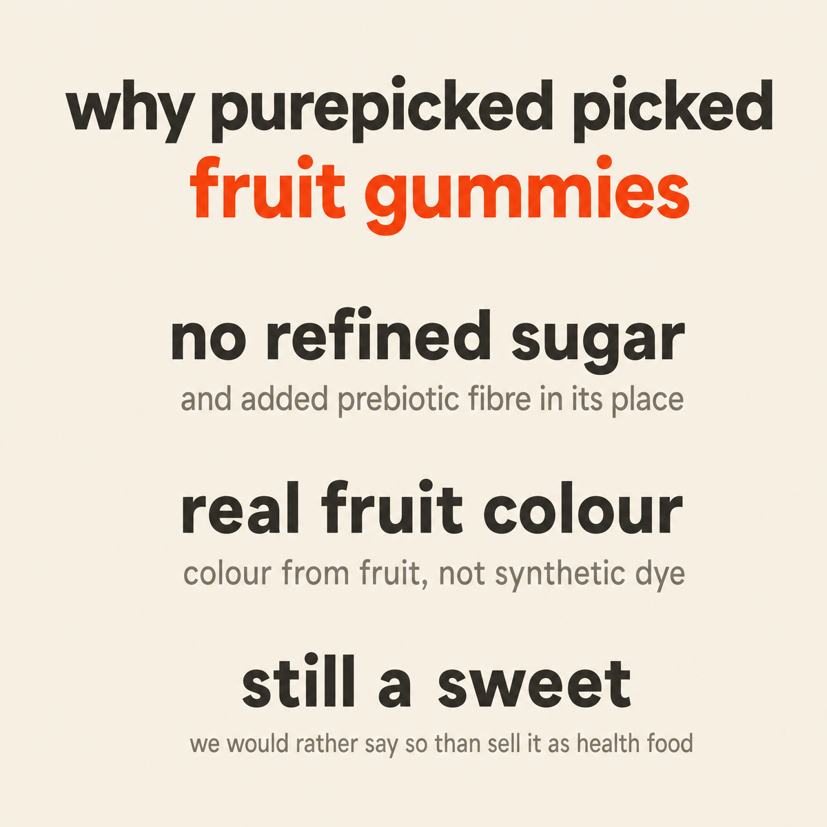 Why Purepicked chose Fruit Gummies: no refined sugar with added prebiotic fibre in its place, colour from real fruit rather than synthetic dye, and it is still a sweet and we say so