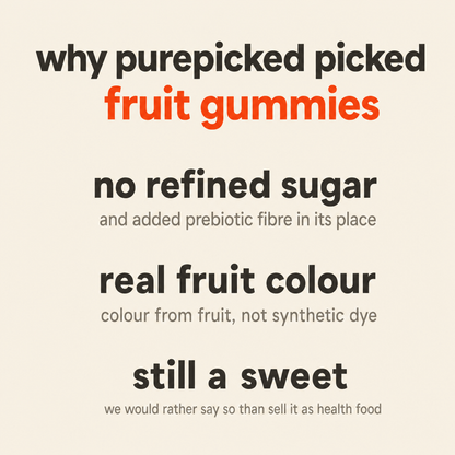 Why Purepicked chose Fruit Gummies: no refined sugar with added prebiotic fibre in its place, colour from real fruit rather than synthetic dye, and it is still a sweet and we say so