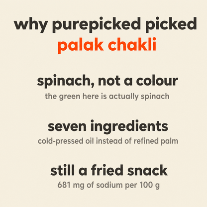 Why Purepicked chose Palak Chakli: the green is actually spinach and not a colour code, seven ingredients with cold-pressed oil instead of refined palm, and it is still a fried salted snack at 681 mg of sodium per 100 g