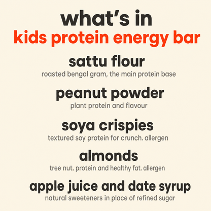 What is in the Kids Protein Energy Bites: sattu flour, peanut powder, soya crispies, almonds, pumpkin and sunflower seeds, and apple juice with date syrup