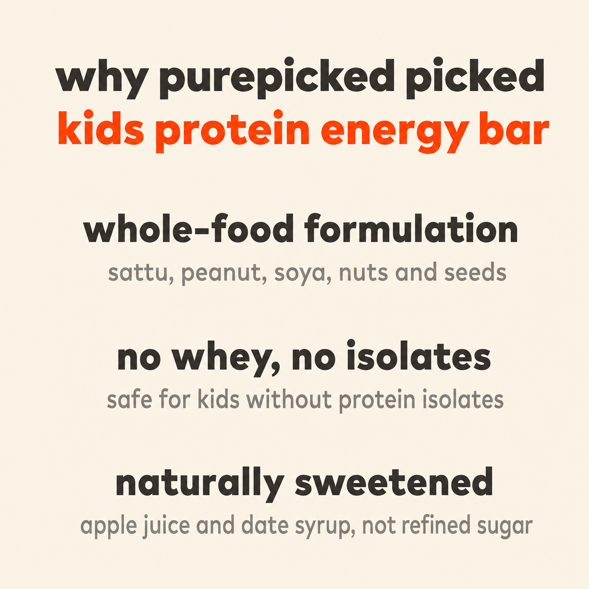 Why Purepicked chose the Kids Protein Energy Bites: a whole-food naturally-sweetened formulation, safe for kids without whey protein or isolates, and natural sweetening over refined sugar