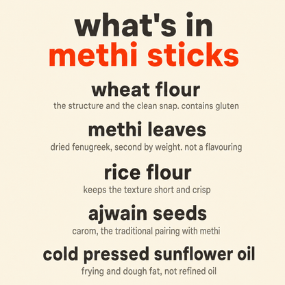 What is in Methi Sticks: organic wheat flour, organic methi leaves, organic rice flour, organic ajwain seeds and organic cold pressed sunflower oil
