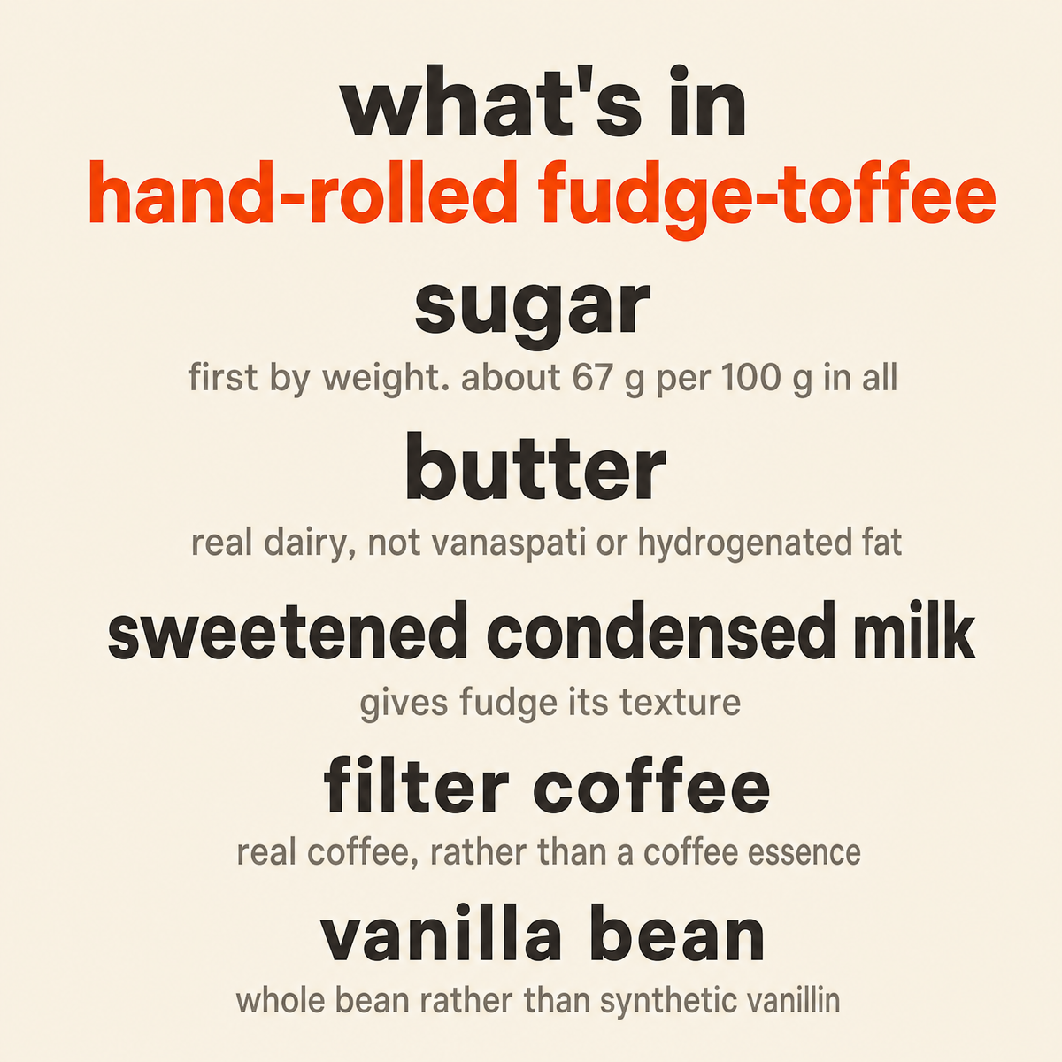 What is in the Hand-Rolled Fudge-Toffee: sugar, butter, sweetened condensed milk, filter coffee and vanilla bean