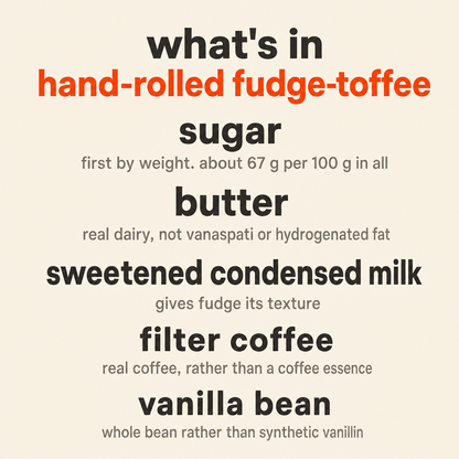 What is in the Hand-Rolled Fudge-Toffee: sugar, butter, sweetened condensed milk, filter coffee and vanilla bean