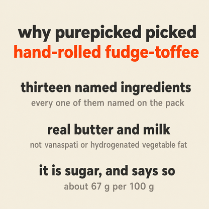 Why Purepicked chose the Hand-Rolled Fudge-Toffee: thirteen ingredients and every one of them named, real butter and real condensed milk rather than vanaspati or hydrogenated vegetable fat, and it is sugar at about 67 g per 100 g and says so