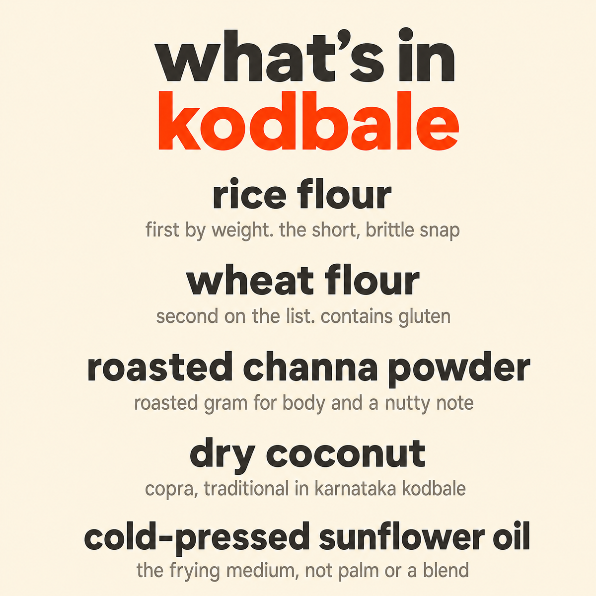 What is in Kodbale: organic rice flour, organic wheat flour, organic roasted channa powder, organic dry coconut and organic cold-pressed sunflower oil