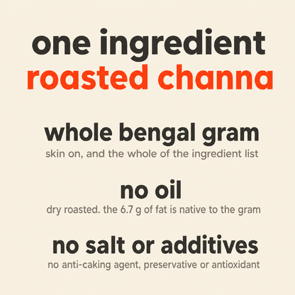 What is in Roasted Channa: organic roasted chana only, whole Bengal gram with the skin on, with no oil, salt, anti-caking agent, preservative or antioxidant