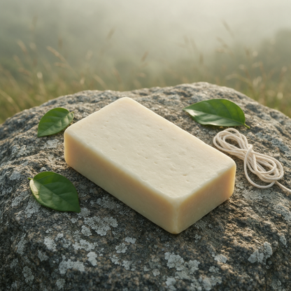 A cream-coloured handmade soap bar on a lichen-mottled granite boulder with fresh leaves and a coil of cotton twine, misty Nilgiri hillside behind