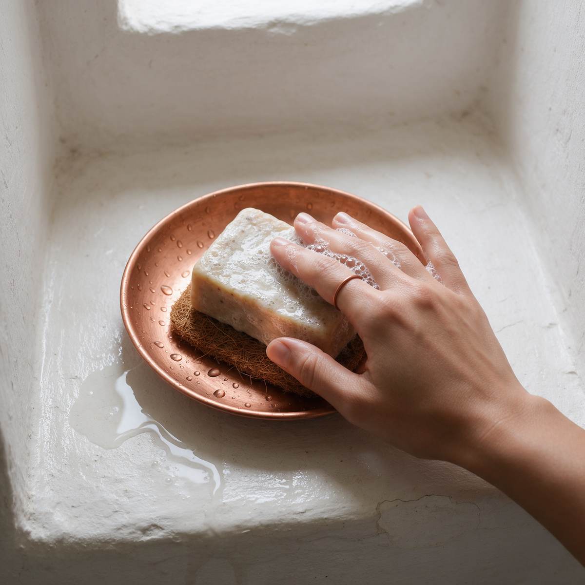 A wet, half-lathered soap bar resting on a coir pad in a shallow copper dish on a lime-plastered shelf, a hand's fingertips still touching its edge
