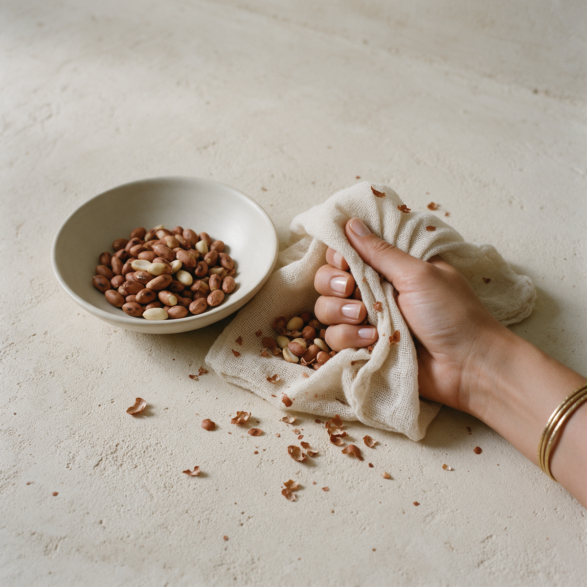 A hand rubbing warm roasted groundnuts inside a square of muslin beside a ceramic bowl of kernels, with loose red skins on a limewash ledge