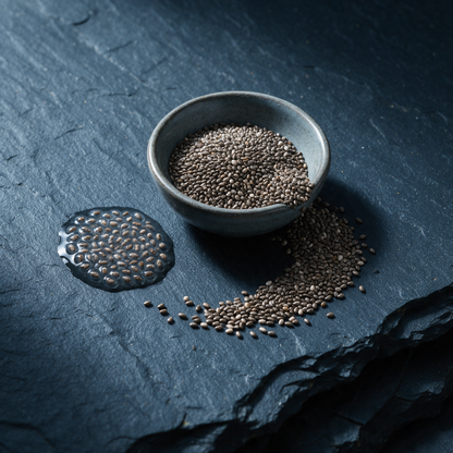 Dry chia seeds heaped in a small stoneware bowl and spilled across blue-black slate, beside a pool of soaked chia gelled in clear halos