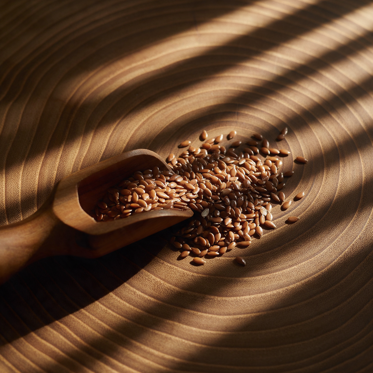 Whole flax seeds spilling from a small mango-wood scoop across an oiled end-grain block under bars of shuttered light