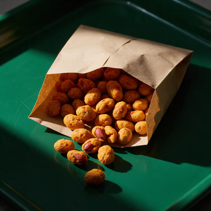 Masala peanuts heaped in a plain kraft snack bag with a dozen spilled onto a dark-green enamel tray, the craggy besan coating cracked open on two of them