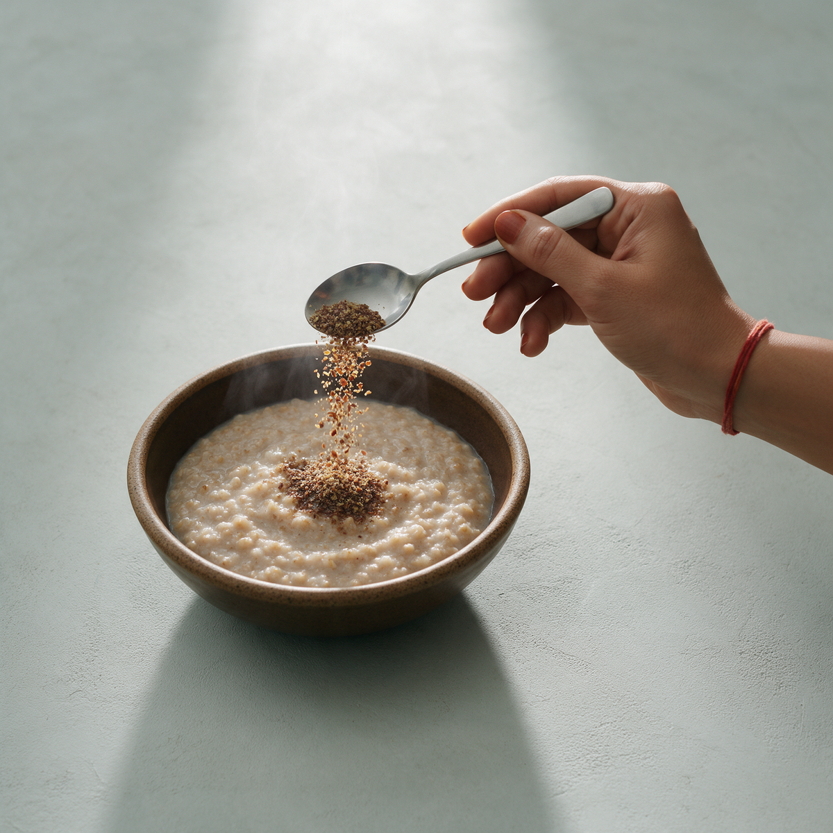 A hand tipping coarsely ground flax from a steel teaspoon into a stoneware bowl of hot broken-wheat porridge