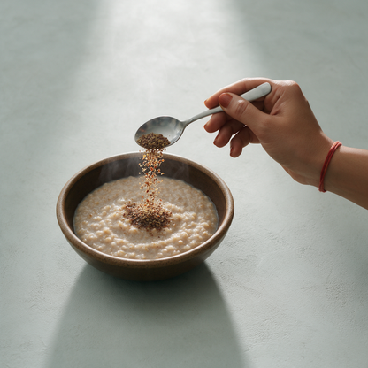 A hand tipping coarsely ground flax from a steel teaspoon into a stoneware bowl of hot broken-wheat porridge