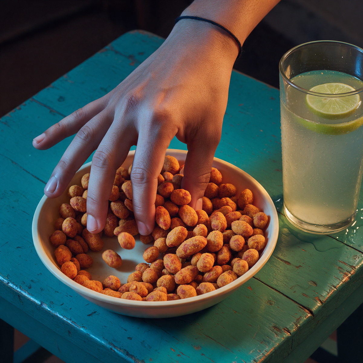 A hand reaching into a shallow melamine bowl of masala peanuts on a chipped teal stool top, with a tall glass of nimbu pani beside it
