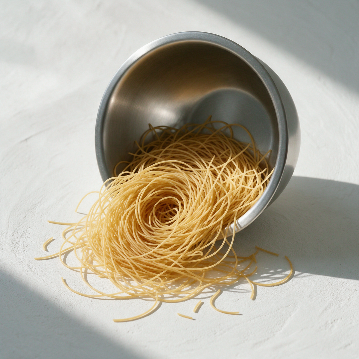 A nest of raw khapli wheat vermicelli spilling from a tipped stainless steel mixing bowl onto a bone-white limewash surface