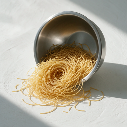 A nest of raw khapli wheat vermicelli spilling from a tipped stainless steel mixing bowl onto a bone-white limewash surface