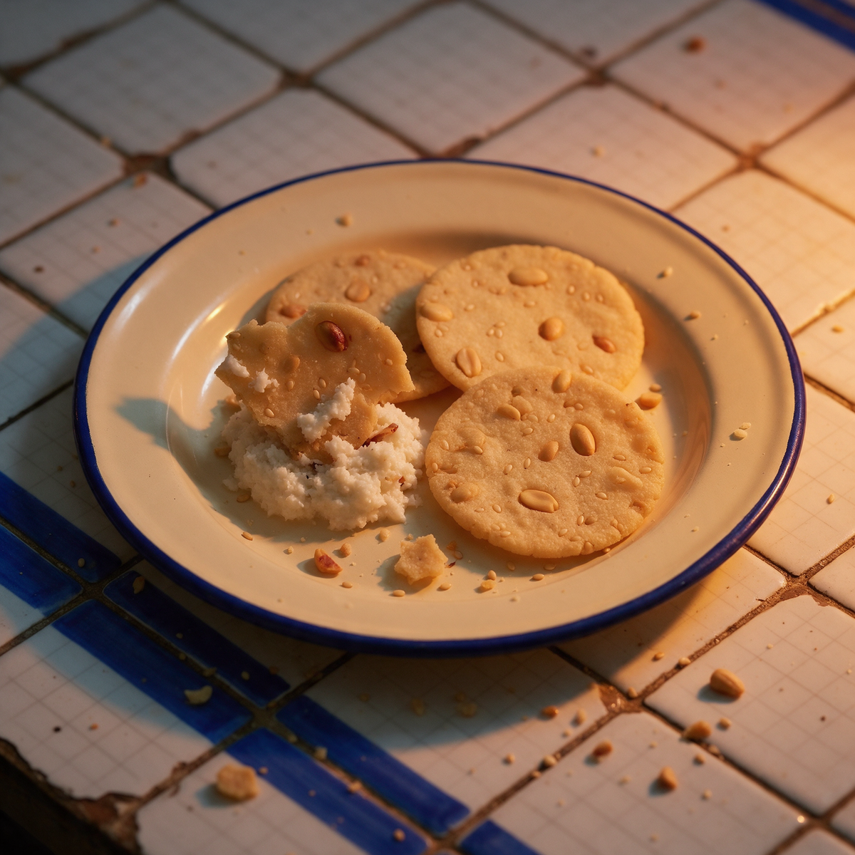 Four nippat on a cream enamel plate with a mound of coconut chutney, one disc broken and resting on the chutney, on a white tiled table with a cobalt border