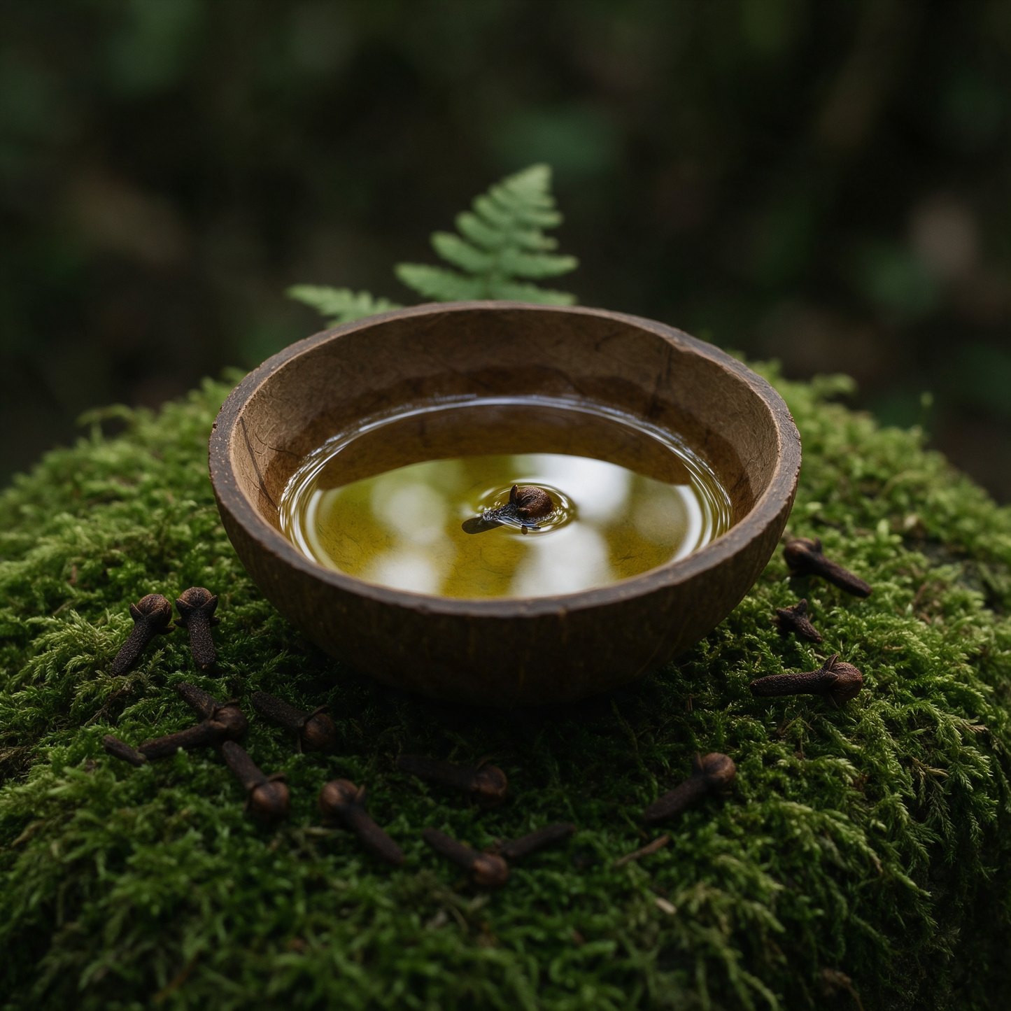 A shallow pool of oil in a coconut-shell half bowl set on deep forest moss, whole dried clove buds scattered around it and one floating on the surface