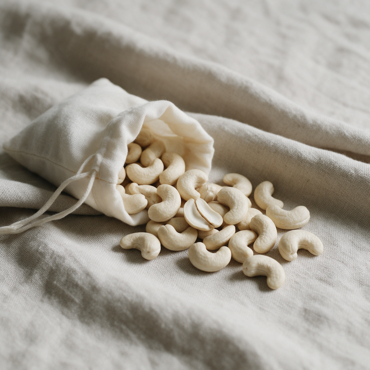 Whole raw cashew kernels spilling from a muslin drawstring pouch across sand-coloured linen, with one kernel split along its seam