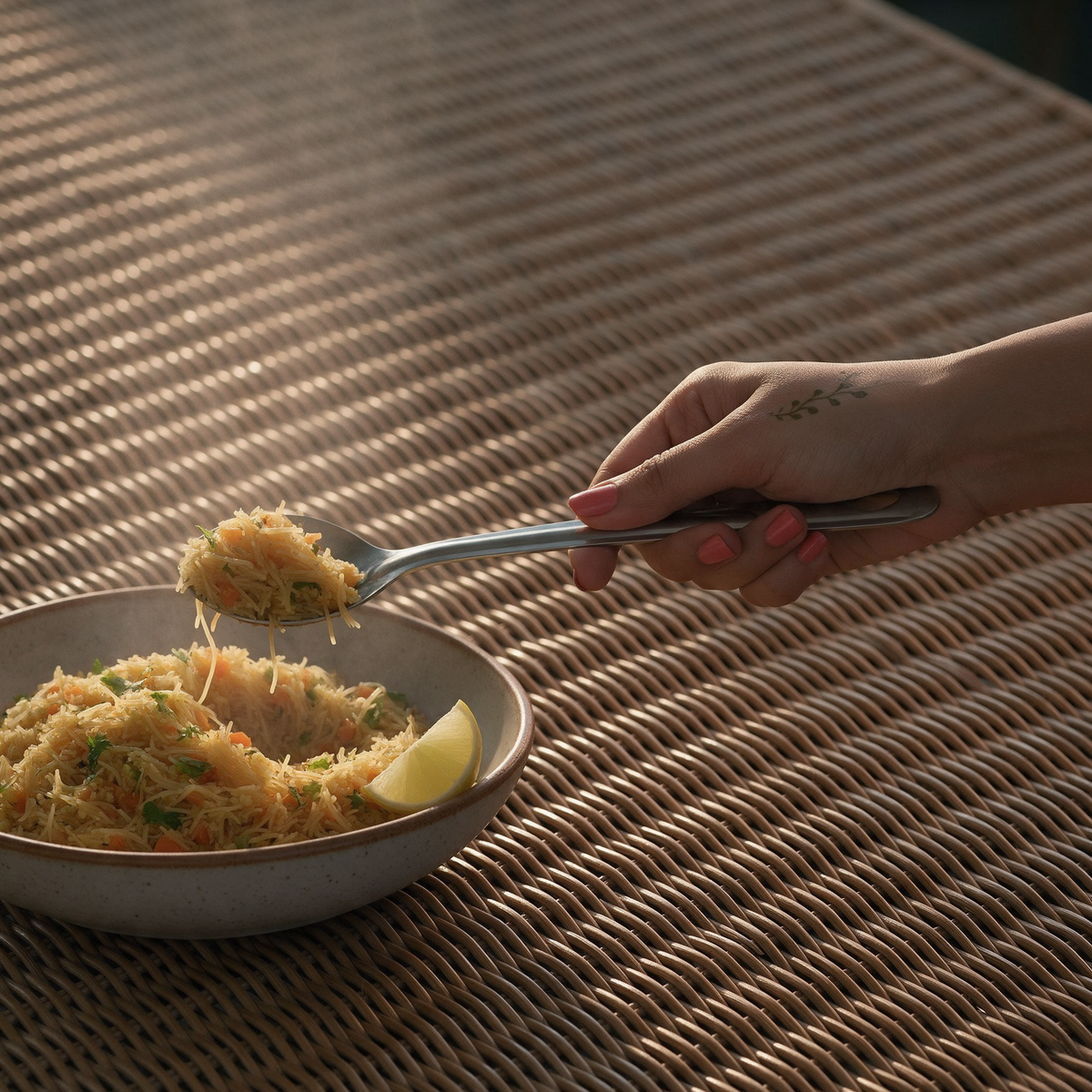 A hand lifting a serving spoon of semiya upma with coriander and diced carrot from a shallow ceramic bowl on a ribbed cane surface