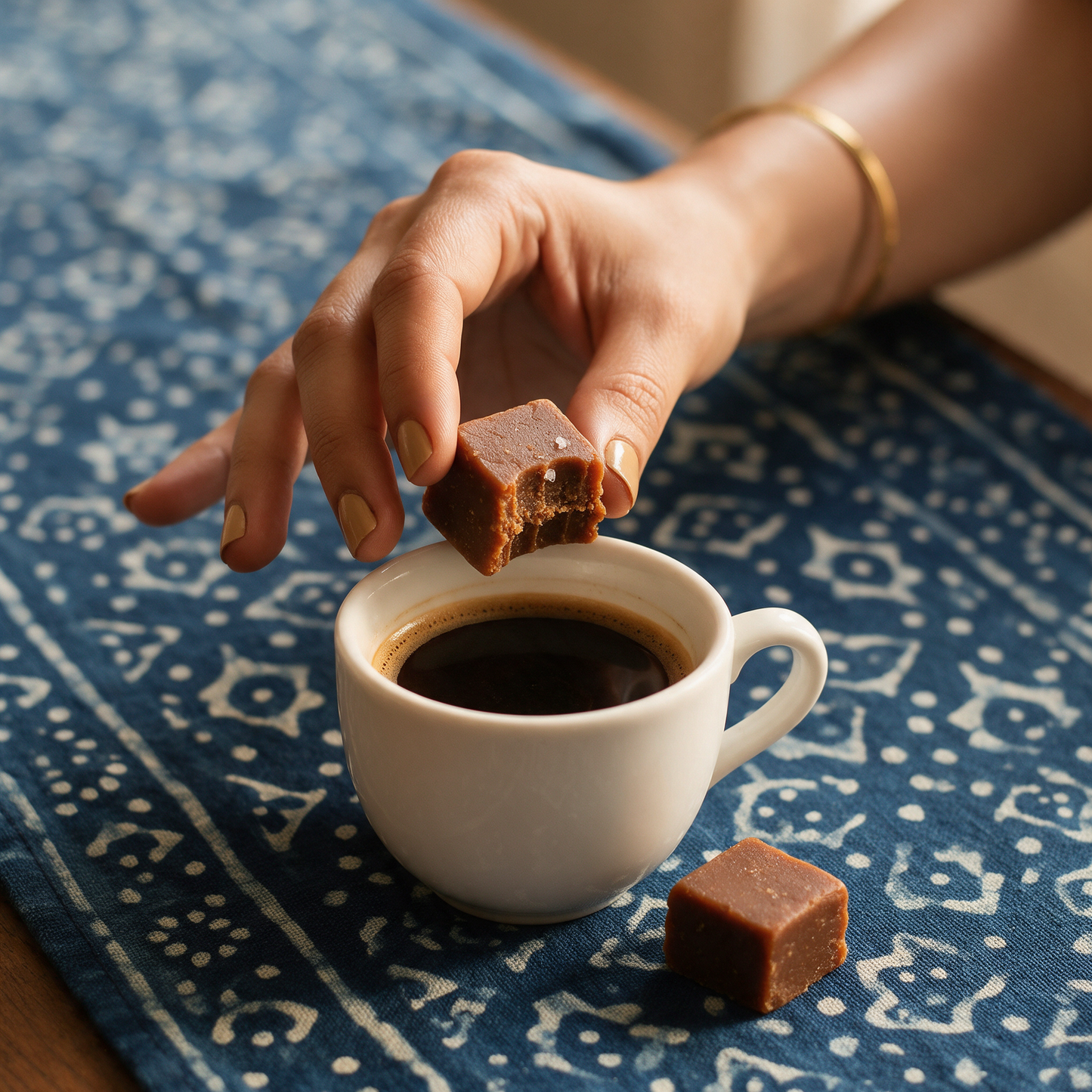 A hand setting a bitten cube of filter coffee fudge toffee onto the rim of a white porcelain cup of black filter coffee, on an indigo block-print runner