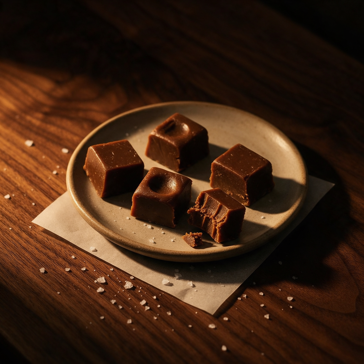 Hand-cut cubes of filter coffee fudge toffee on a stoneware saucer and butter paper on a dark walnut table, with flaky sea salt scattered around them