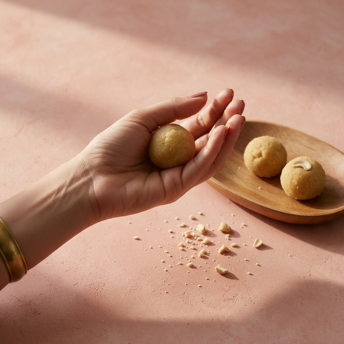 A hand cupping a kaju ladoo mid-roll beside a shallow mango-wood platter of finished ladoos on a terracotta-pink limewash surface