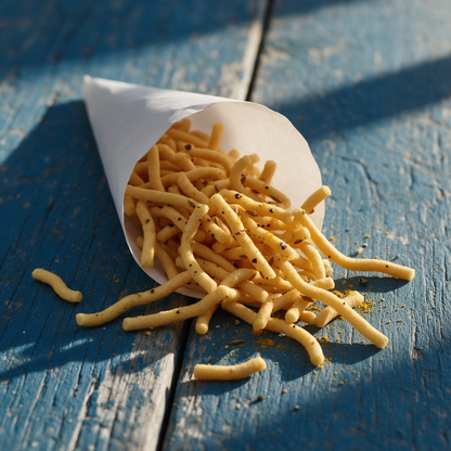 A tangled nest of thick short kara sev strands spilling from a plain paper cone onto weathered blue-painted planks, with cracked pepper and cumin clinging to the strands