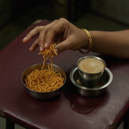 A hand lifting a tangle of kara sev from a steel katori with strands trailing back to the bowl, beside a stainless davara and tumbler of filter coffee