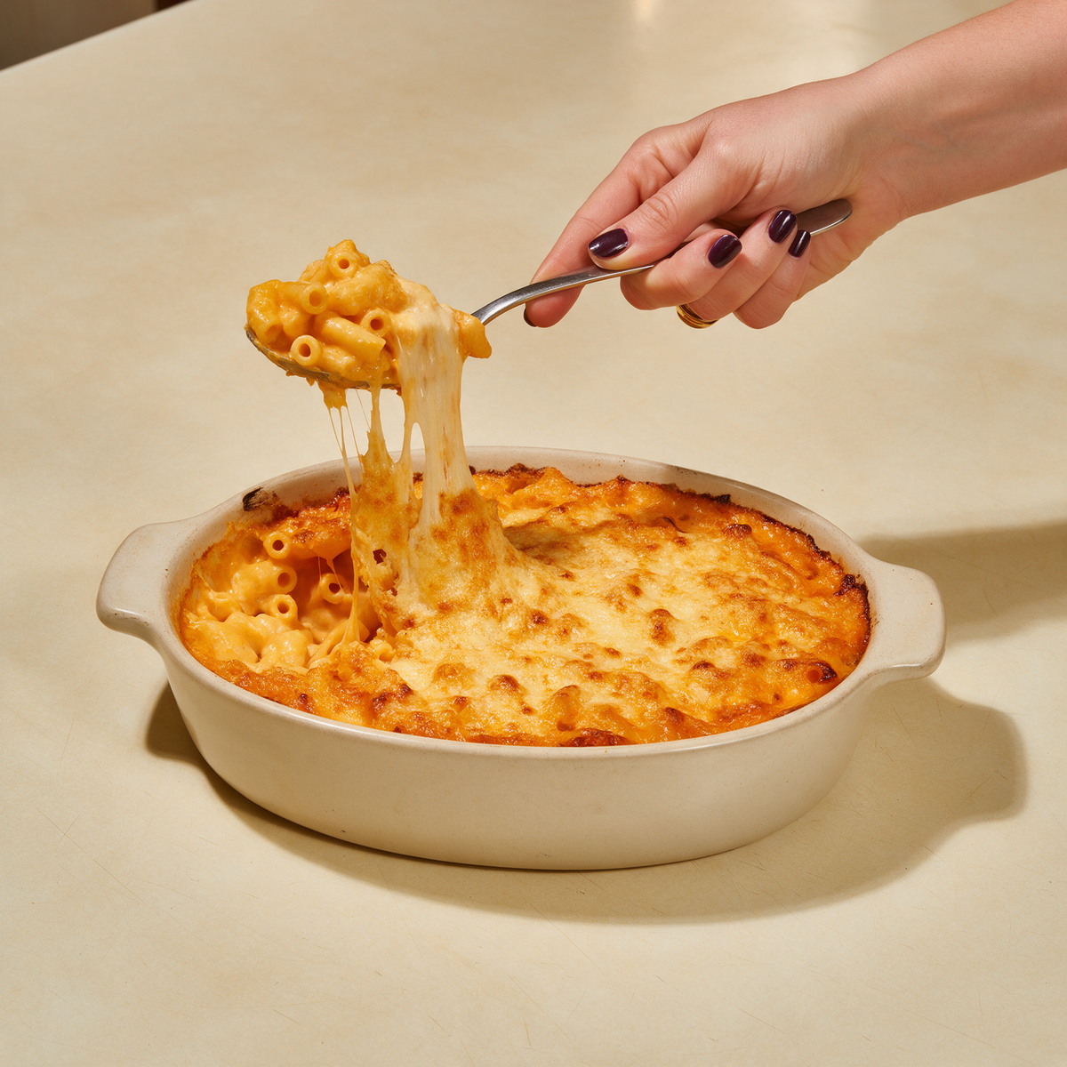 A serving spoon lifting a portion of macaroni cheese from a stoneware baking dish on a cream worktop, a cheese pull stretching between spoon and dish