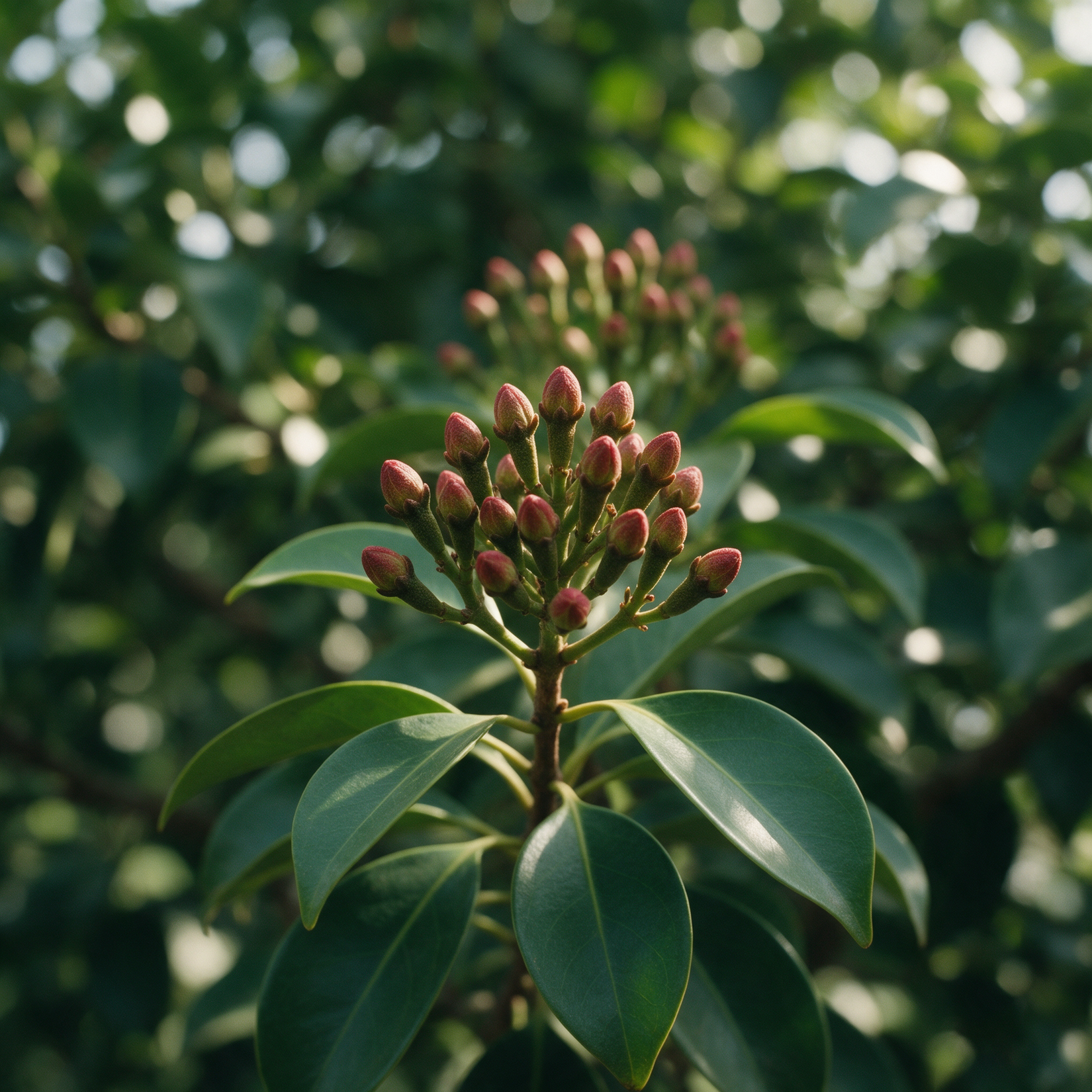 A cluster of unopened clove flower buds on the branch, green shading to crimson at the tips, among the tree's glossy paired leaves