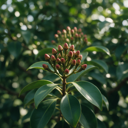 A cluster of unopened clove flower buds on the branch, green shading to crimson at the tips, among the tree's glossy paired leaves