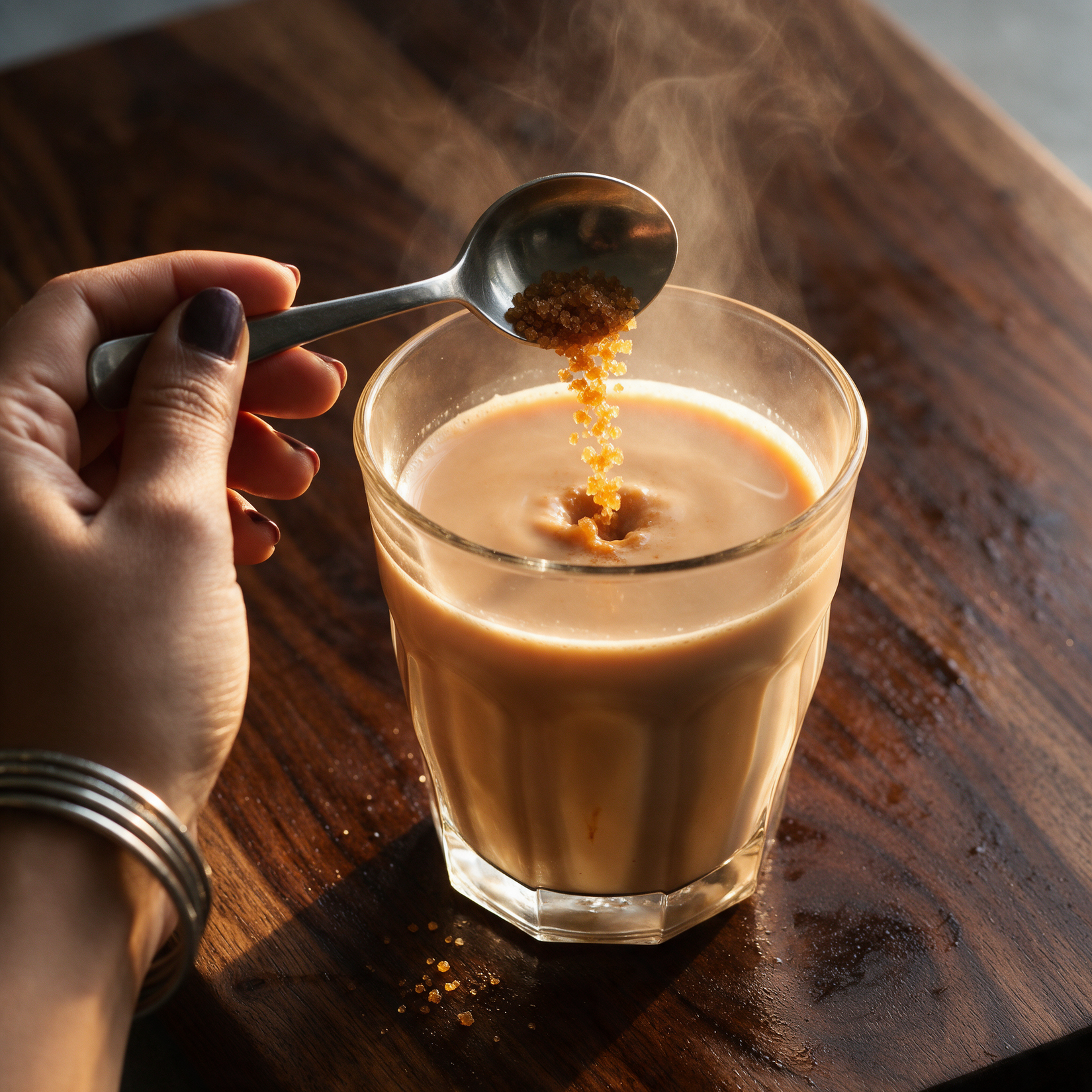 A hand tipping granular jaggery from a steel sugar spoon into a faceted glass of milky masala chai on a dark mango-wood board
