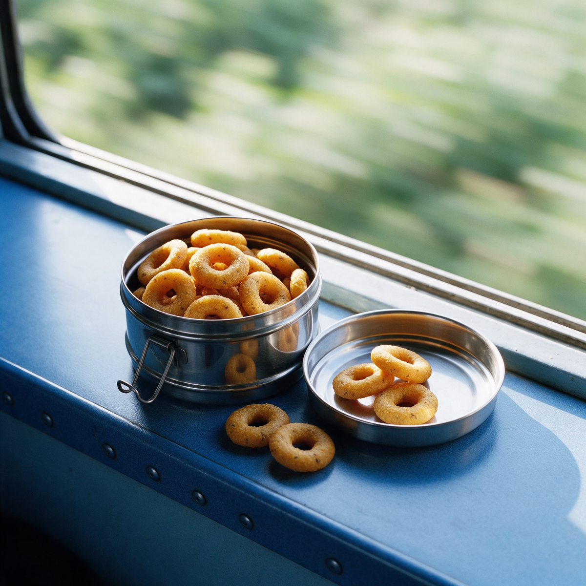 An open two-tier steel tiffin tin of kodbale on a blue laminate train window ledge, the top tier lifted off and blurred green fields beyond the glass