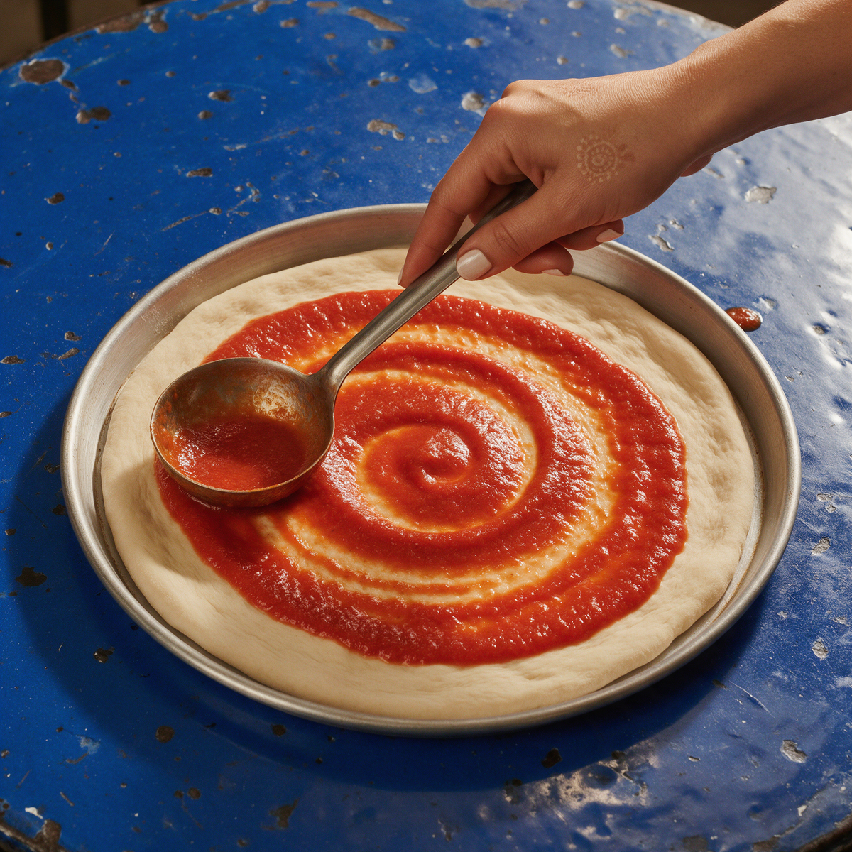 A steel ladle spreading marinara sauce in a spiral across a raw pizza base on a steel pan, on a chipped cobalt enamel table