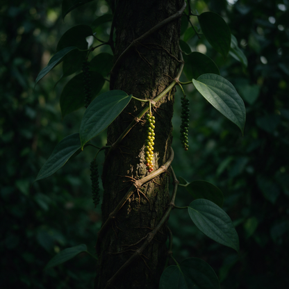 A pepper vine spiralling a support tree in understorey shade, its roots gripping the bark, with hanging spikes of green peppercorns and one lit spike turning red at the tip