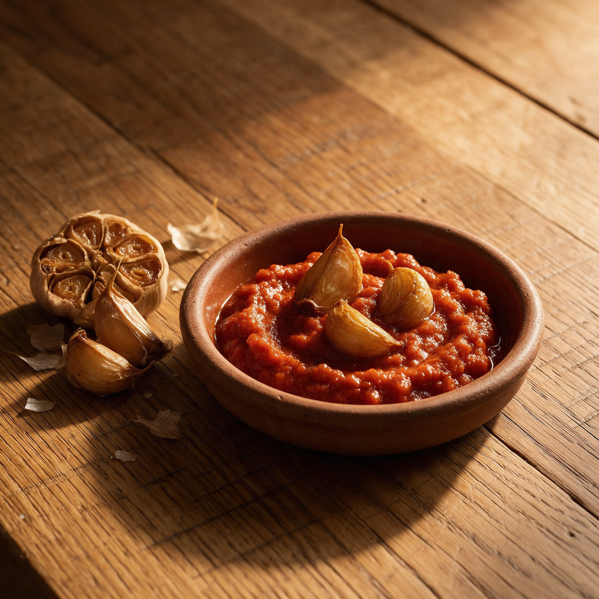 Thick craggy roasted garlic and tomato sauce in a terracotta side dish with three whole caramelised garlic cloves on the surface, a halved roasted bulb beside it on oak