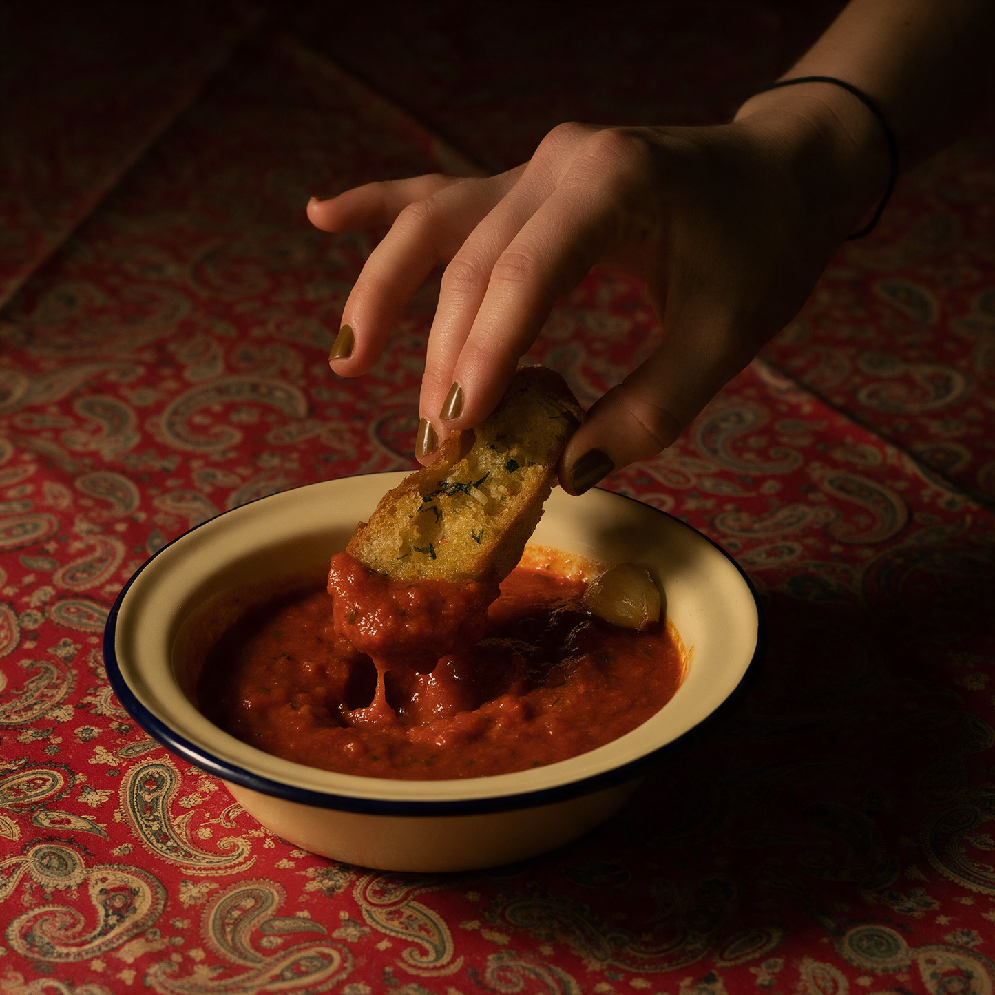 A hand lowering a torn end of garlic bread into a cream enamel bowl of roasted garlic and tomato sauce on a red paisley oilcloth