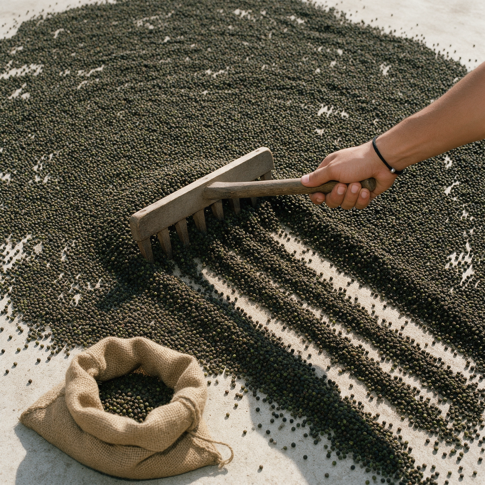 A hand drawing a short wooden rake through peppercorns drying on a sun-bleached concrete yard floor, a corrugated furrow behind the tines and unraked flat ahead