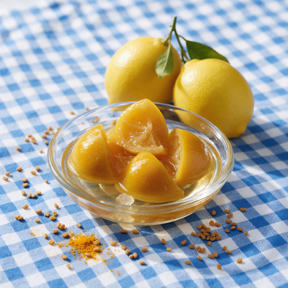 Lemon quarters in clear syrup in a small glass pickle dish on blue-and-white checked cotton, with fenugreek seeds, turmeric and two whole lemons beside