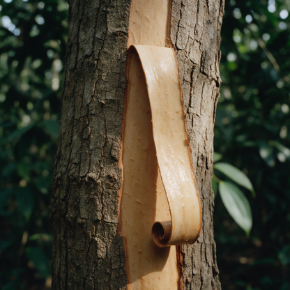 A long strip of bark peeled back from a cinnamon trunk and still attached at the top, its wet inner face pale and its free end already curling
