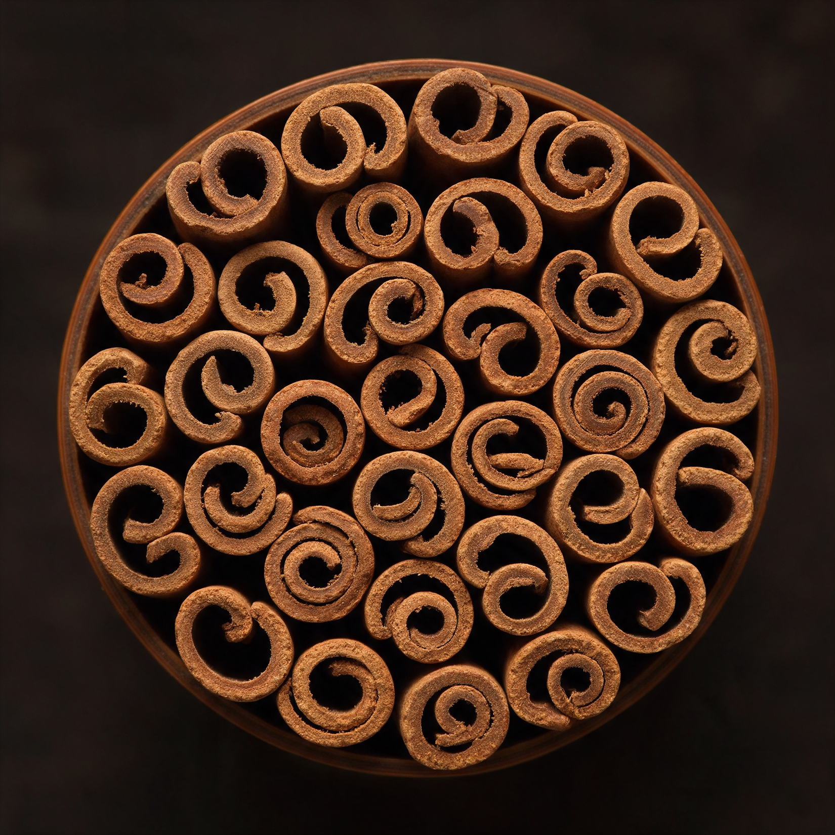 Looking straight down the bores of cinnamon quills packed upright in a split bamboo tube, a field of concentric scrolls each at a different tightness
