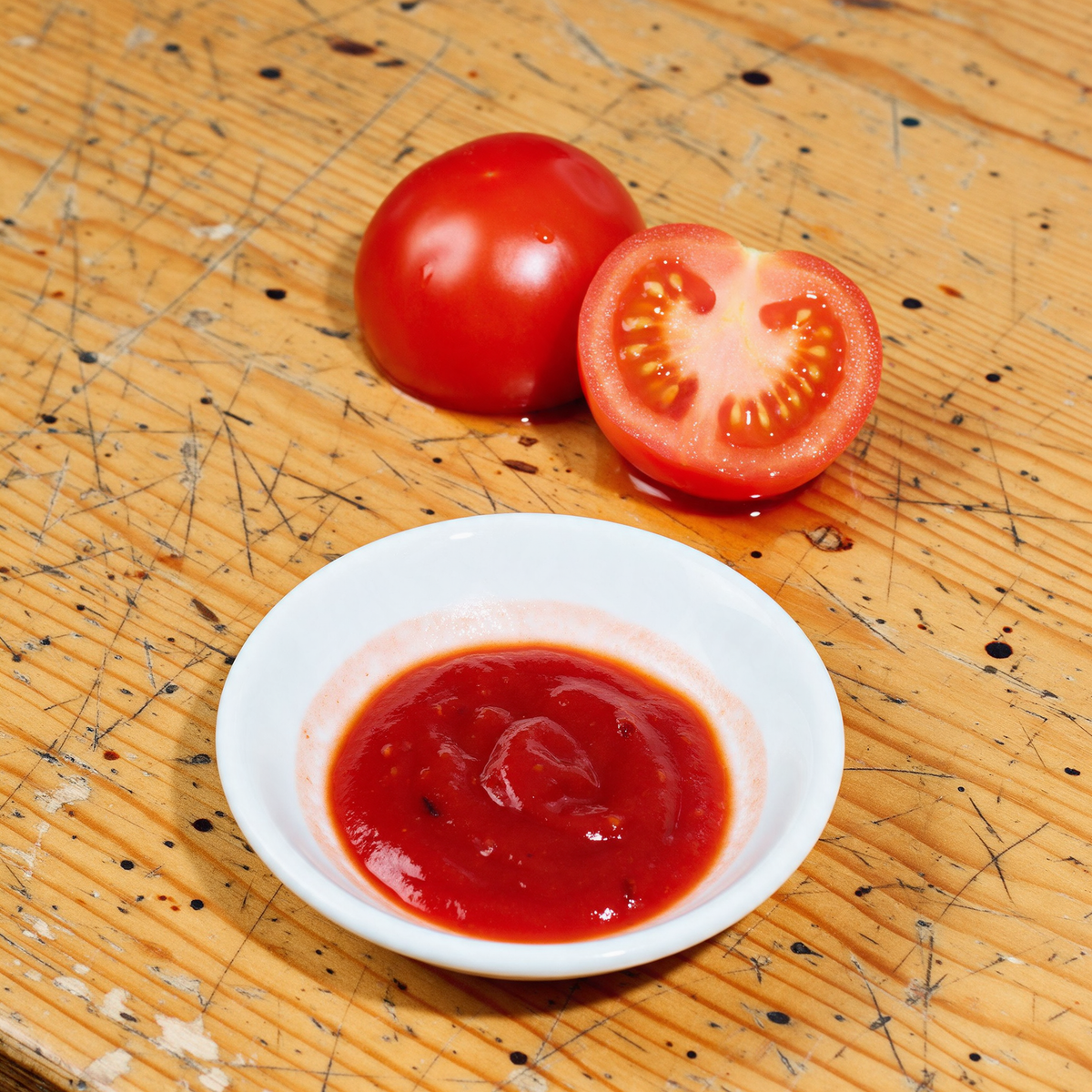Tomato ketchup poured into a white porcelain dipping saucer with a faint watery halo at the rim, two ripe tomatoes behind on a scratched pine desk