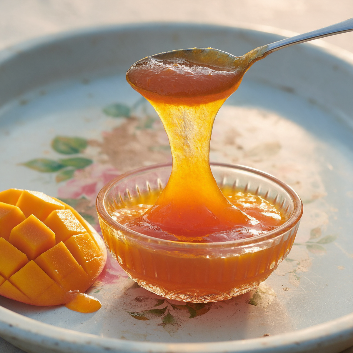A steel jam spoon lifted above a pressed-glass bowl with a thick ribbon of Alphonso mango spread falling from it, on a pale-blue enamelled tin tray