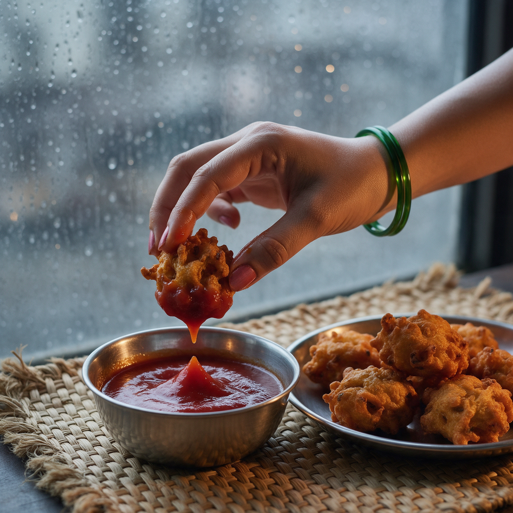A hand lifting a pakora out of a steel bowl of tomato ketchup with a drip still connected to the surface, beside a steel plate of pakoras on a cane mat by a rain-streaked window