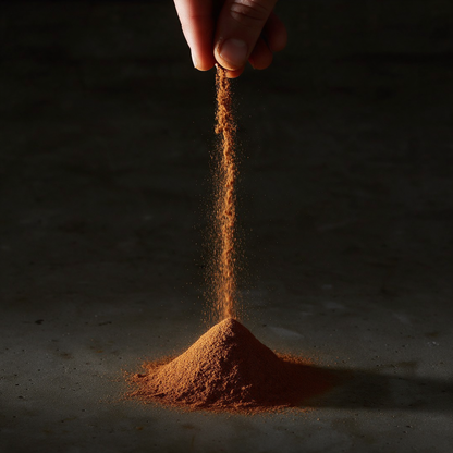 Cinnamon powder falling in an unbroken stream from a fingertip pinch into a growing cone below, lit from the side against a dark concrete slab