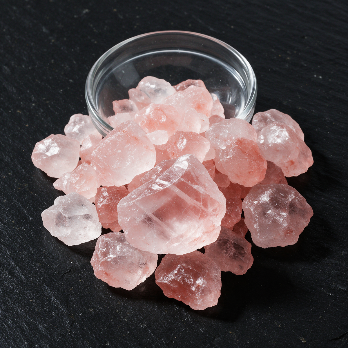Coarse faceted pink rock salt crystals in and around a small clear glass bowl on flecked black slate